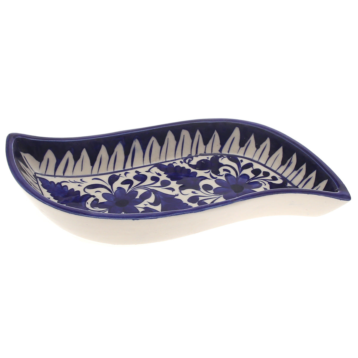 Handcrafted Blue Pottery Spiral Dish – Decorative Leaf-Shaped Serving Plate - Habitt