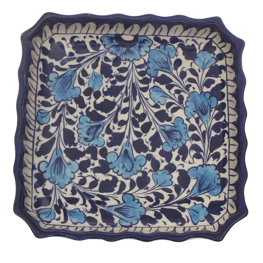 Handcrafted Blue Pottery Square Deep Platter – Medium Multi-Color Floral Serving Dish - Habitt
