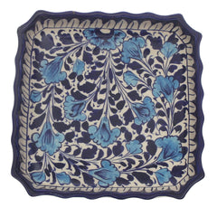 Handcrafted Blue Pottery Square Deep Platter – Medium Multi-Color Floral Serving Dish - Habitt