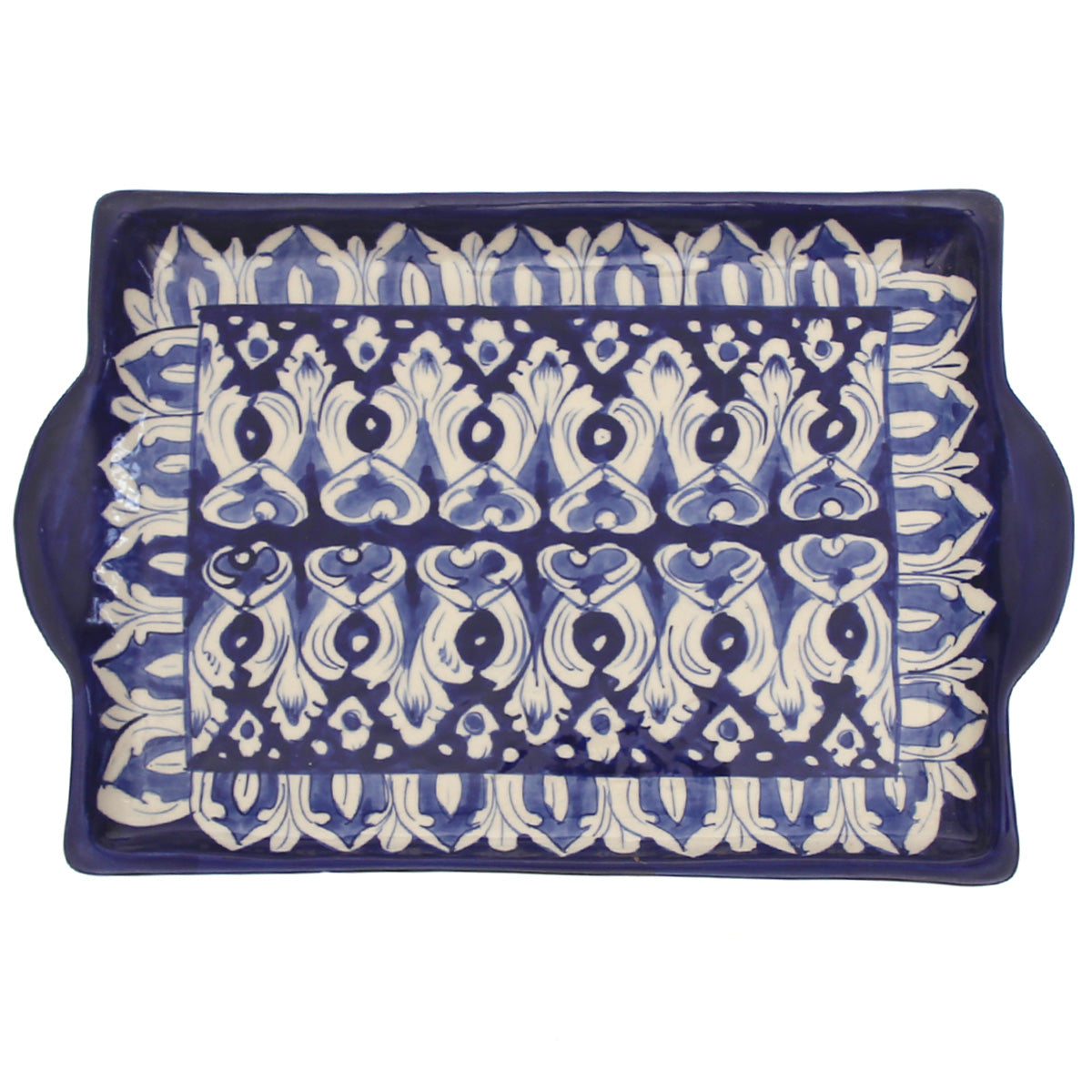 Handcrafted Blue Pottery Square Flat Platter – Multi-Color Floral Serving Tray - Habitt