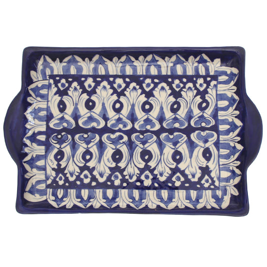 Handcrafted Blue Pottery Square Flat Platter – Multi-Color Floral Serving Tray - Habitt