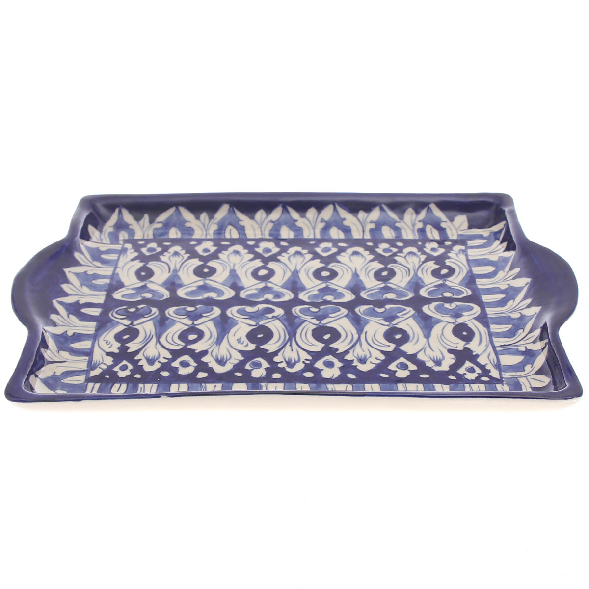 Handcrafted Blue Pottery Square Flat Platter – Multi-Color Floral Serving Tray - Habitt