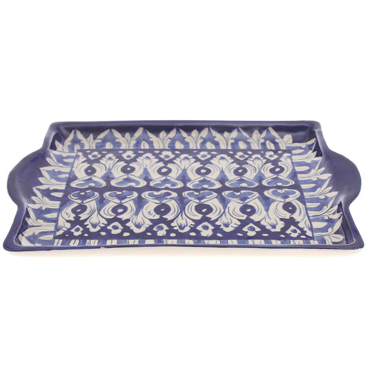 Handcrafted Blue Pottery Square Flat Platter – Multi-Color Floral Serving Tray - Habitt