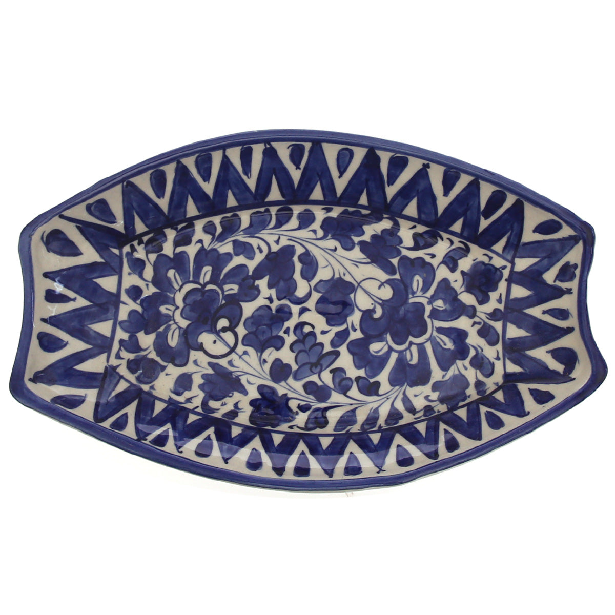 Handcrafted Blue Pottery V-Shaped Oval Platter – Floral Serving Dish - Habitt