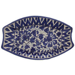 Handcrafted Blue Pottery V-Shaped Oval Platter – Floral Serving Dish - Habitt