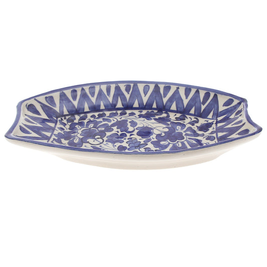 Handcrafted Blue Pottery V-Shaped Oval Platter – Floral Serving Dish - Habitt