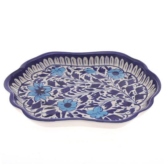 Handcrafted Blue Pottery Wavy Oval Platter – Floral Decorative Serving Dish - Habitt