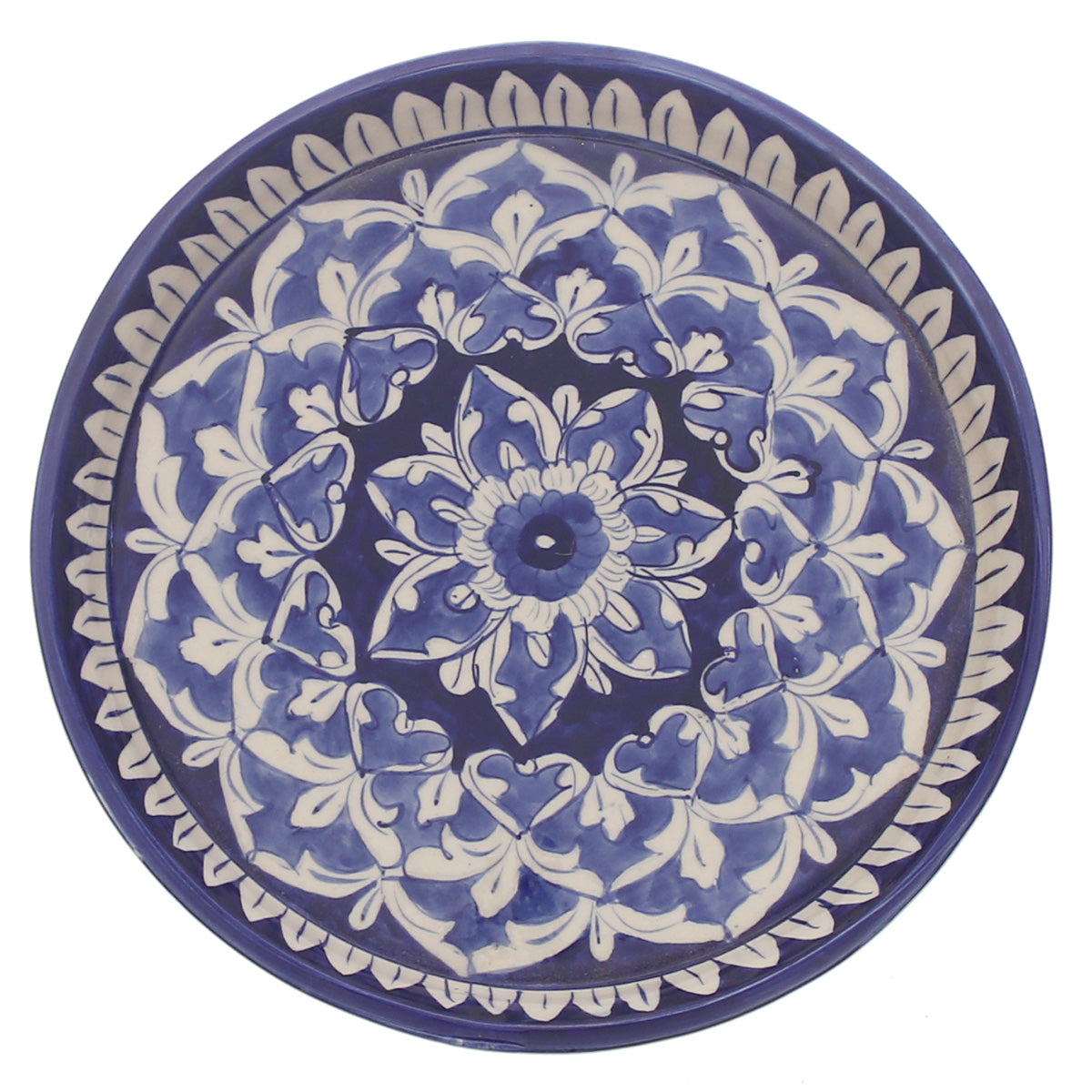 Handcrafted Blue Pottery Round Platter – Medium Floral Decorative Serving Dish - Habitt