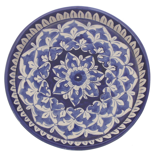 Handcrafted Blue Pottery Round Platter – Medium Floral Decorative Serving Dish - Habitt
