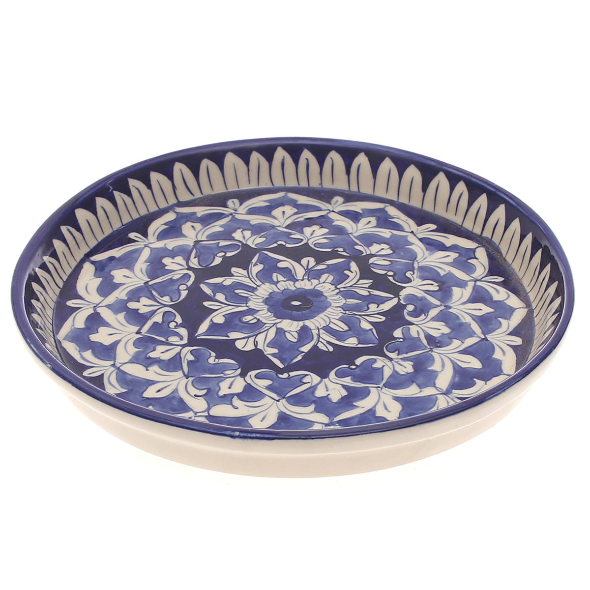 Handcrafted Blue Pottery Round Platter – Medium Floral Decorative Serving Dish - Habitt