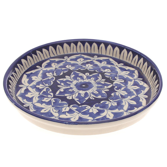 Handcrafted Blue Pottery Round Platter – Medium Floral Decorative Serving Dish - Habitt