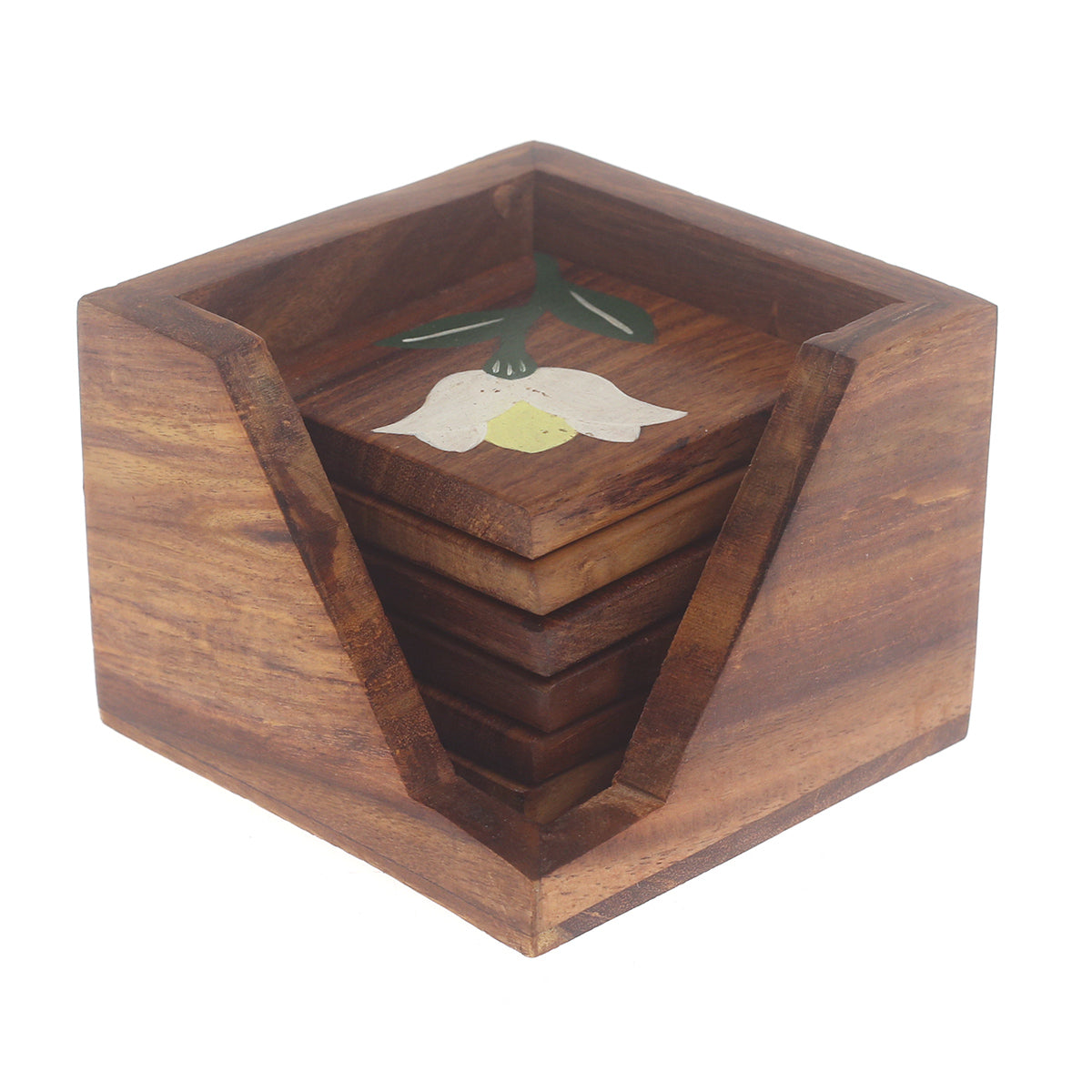 Painted Grain Naqshi Art Coasters – Handcrafted Wooden Coasters with White Flower & Green Leaf (Set of 6) - Habitt