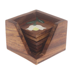 Painted Grain Naqshi Art Coasters – Handcrafted Wooden Coasters with White Flower & Green Leaf (Set of 6) - Habitt