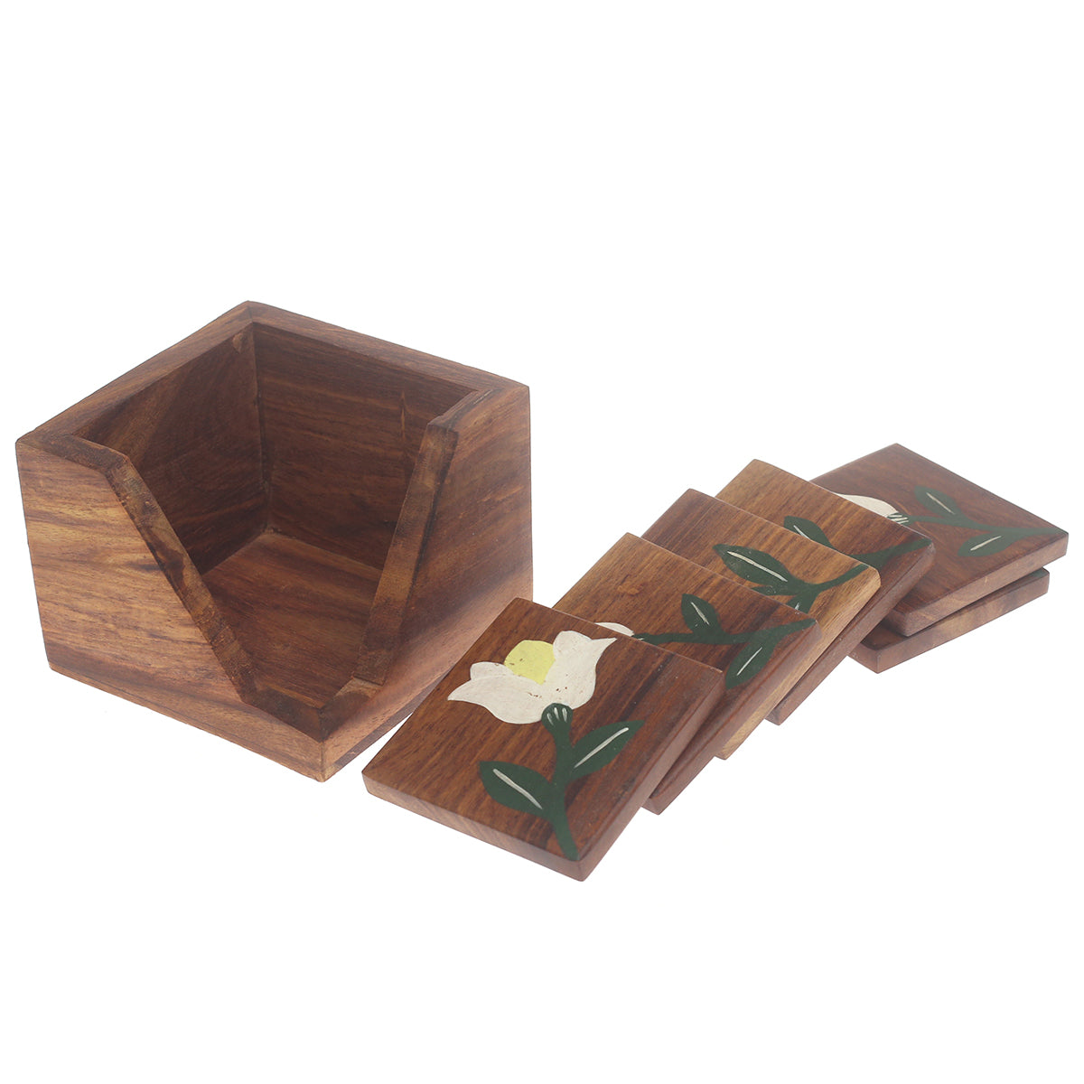 Painted Grain Naqshi Art Coasters – Handcrafted Wooden Coasters with White Flower & Green Leaf (Set of 6) - Habitt