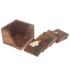 Painted Grain Naqshi Art Coasters – Handcrafted Wooden Coasters with White Flower & Green Leaf (Set of 6) - Habitt