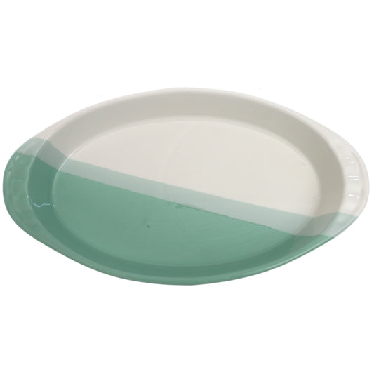Oval Serving Dish – Green & White Ceramic Platter 6.5 x 12 Inch - Habitt