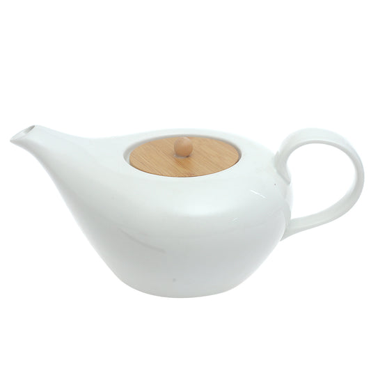 White Ceramic Tea Pot with Wooden Lid 10.5 Inch – Modern Minimalist Teapot - Habitt