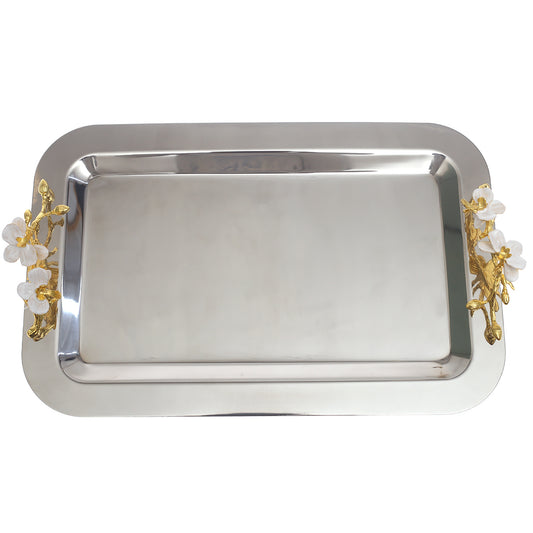 Silver Serving Tray with Gold Floral Handles 11 × 17 Inch – Elegant Decorative Tray - Habitt