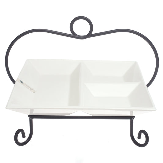 Square Divider Ceramic Serving Plate with Metal Stand – Elegant Symphony Collection - Habitt