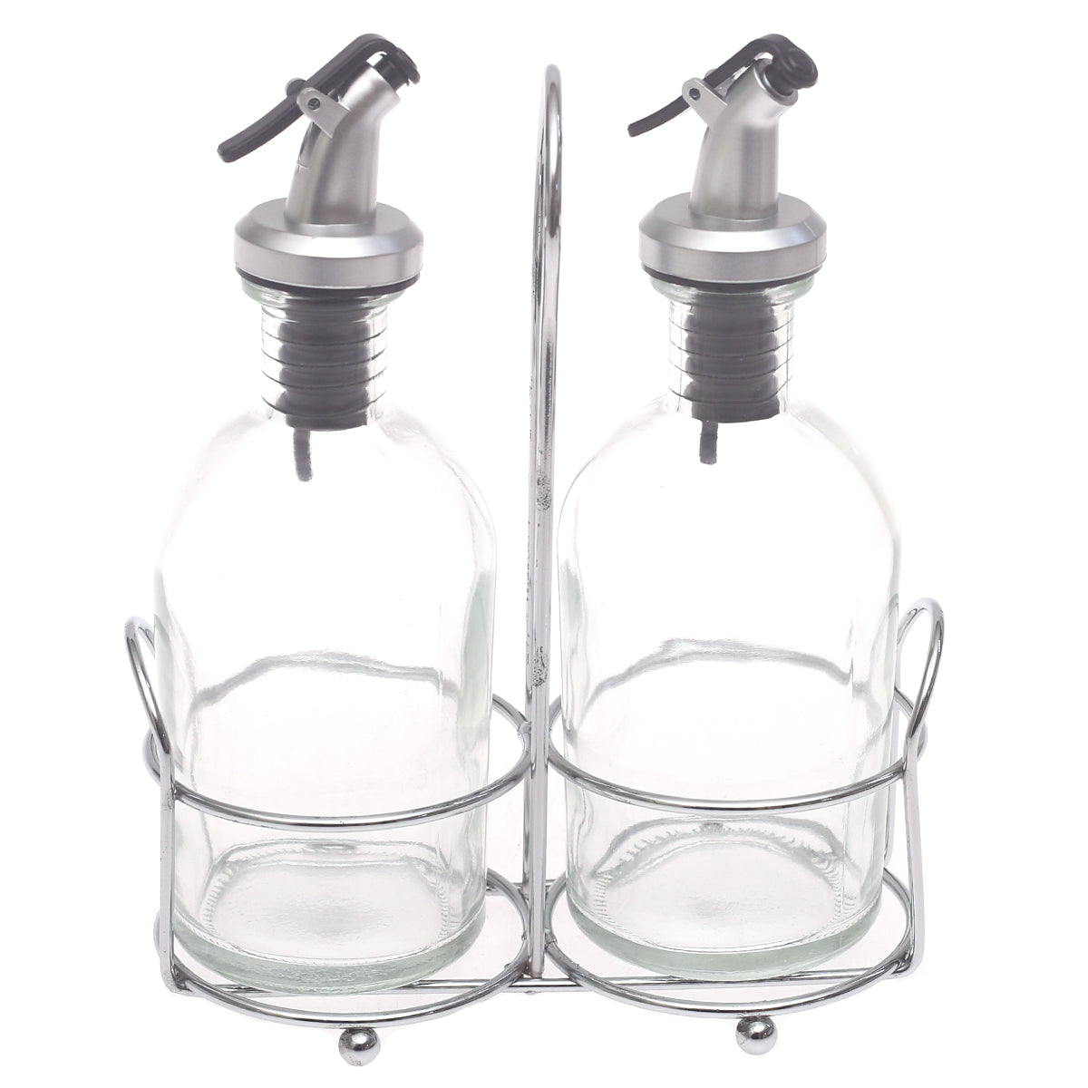 Glass Oil & Vinegar Bottle Set 3 Pieces – 260ml Dispenser with Metal Stand - Habitt