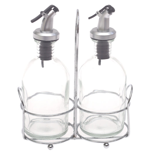 Glass Oil & Vinegar Bottle Set 3 Pieces – 260ml Dispenser with Metal Stand - Habitt