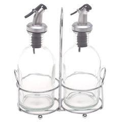 Glass Oil & Vinegar Bottle Set 3 Pieces – 260ml Dispenser with Metal Stand - Habitt