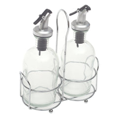 Glass Oil & Vinegar Bottle Set 3 Pieces – 260ml Dispenser with Metal Stand - Habitt