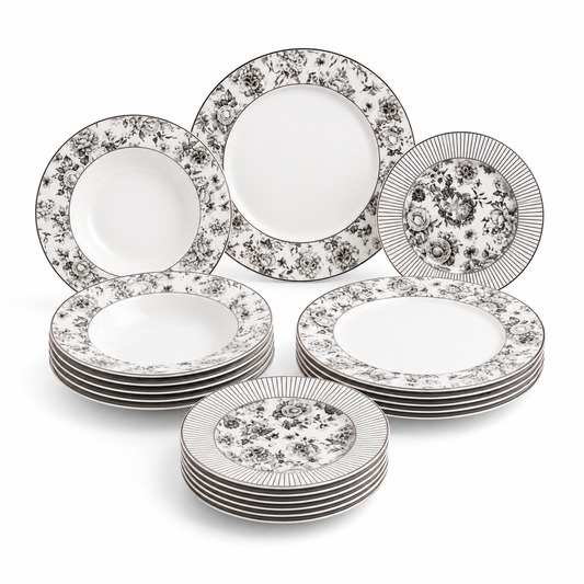 Premium Porcelain Plate Set | Elegant Black Floral Dinnerware for 6 Persons