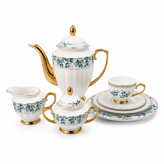 Piece Premium Porcelain Tea Set – White with Blue Floral Design & Gold Accents