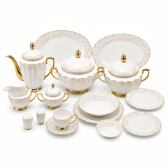 Piece Premium Porcelain Dinner Set with Tea Set & Gold Lace Design | Luxury White Dinnerware Collection
