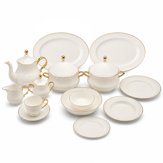 Gold Line Premium Porcelain Dinner Set | Elegant White Dinnerware with Gold Rim