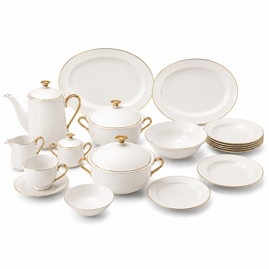 Gold Line Premium Porcelain Dinner Set | Elegant White Dinnerware with Gold Rim
