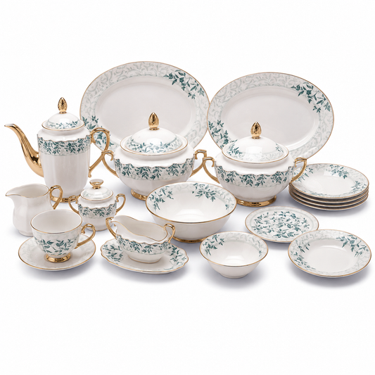Premium Porcelain Dinner Set with Tea Set & Serving Essentials | Elegant Floral Design with Gold Accents