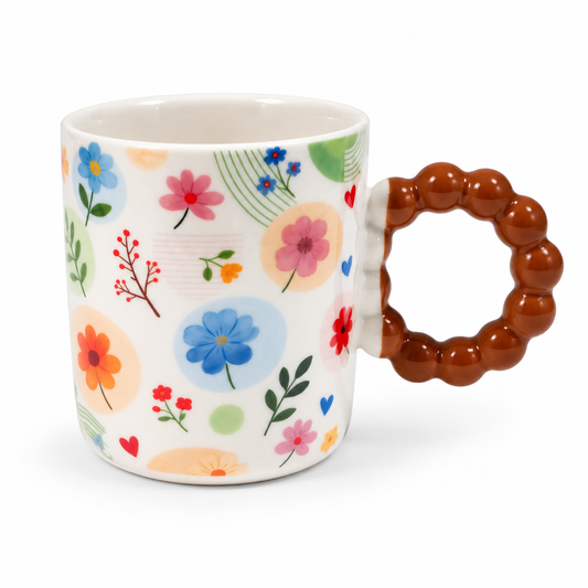 Colourful Floral Ceramic Coffee Mug with Beaded Handle – Cute Tea & Coffee Cup