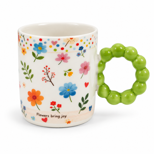 Colourful Floral Ceramic Coffee Mug with Beaded Handle – Cute Tea & Coffee Cup