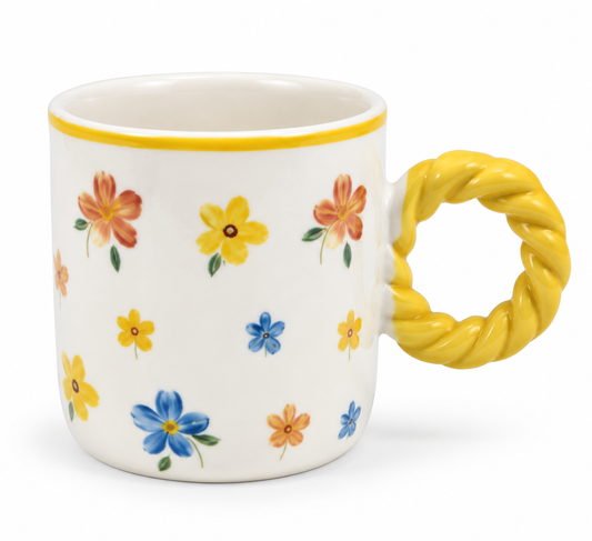 Floral Ceramic Coffee Mug with Twisted Handle – Colourful Tea & Coffee Cup