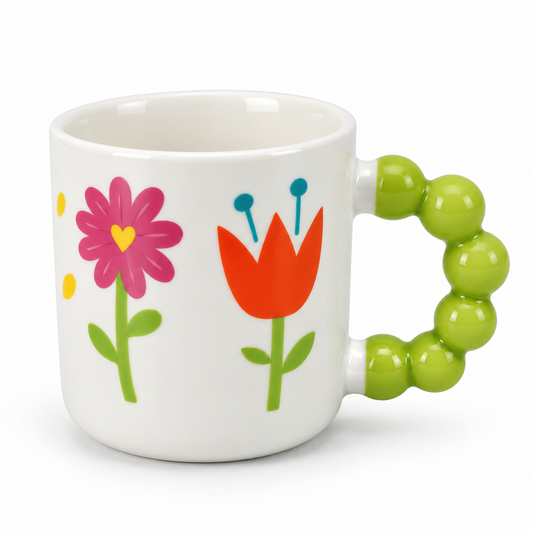 Colourful Floral Bubble Handle Ceramic Mug