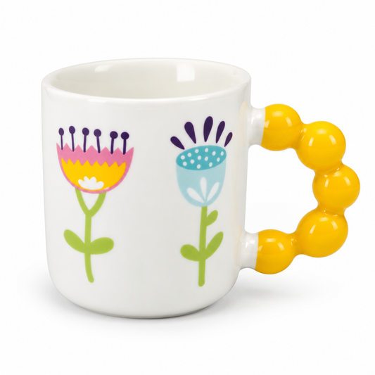 Colourful Floral Bubble Handle Ceramic Mug
