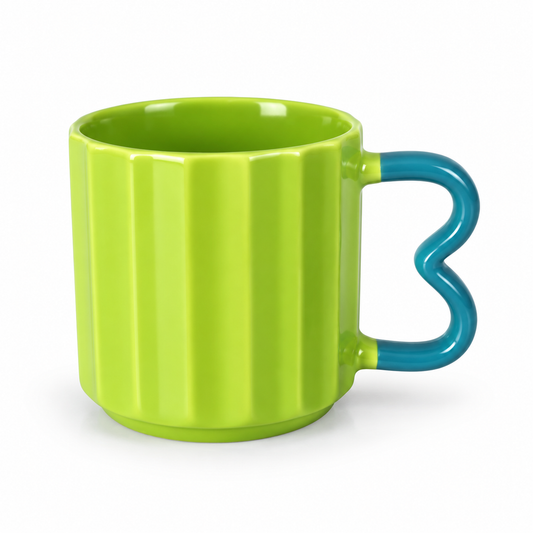 Colourful Ribbed Ceramic Coffee Mug with Creative Handle – Modern Tea & Coffee Cup
