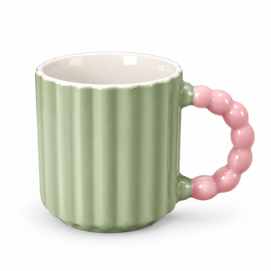 Pastel Ribbed Ceramic Coffee Mug with Beaded Handle – Cute Tea & Coffee Cup