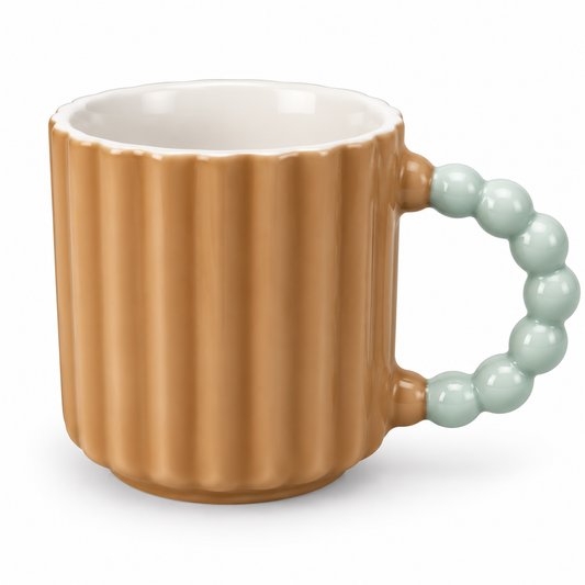 Pastel Ribbed Ceramic Coffee Mug with Beaded Handle – Cute Tea & Coffee Cup
