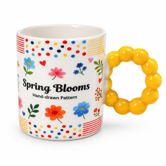 Colourful Floral Ceramic Coffee Mug with Beaded Handle – Cute Tea & Coffee Cup