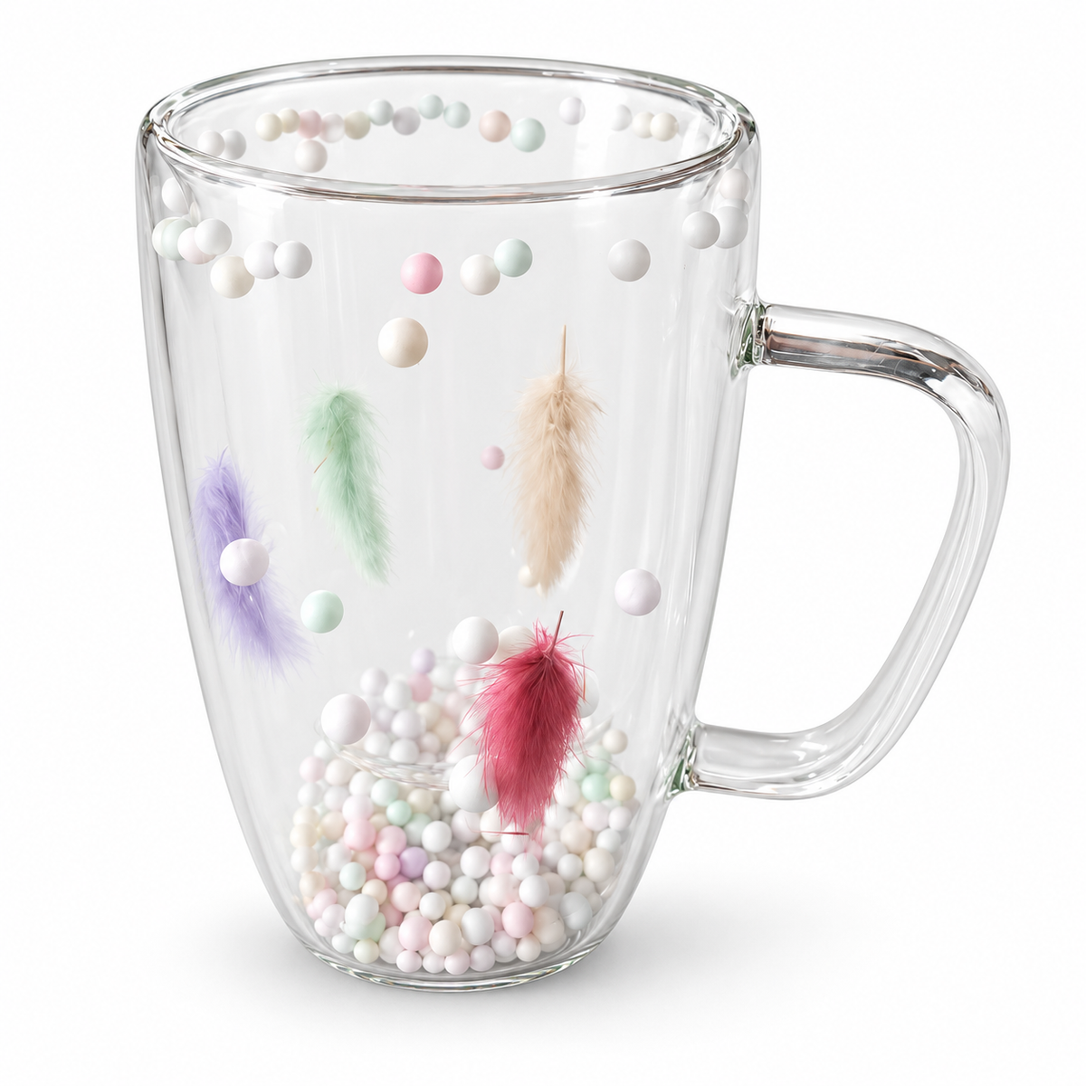 Pastel Feather Glass Mug – 450ml Transparent Decorative Coffee & Tea Mug