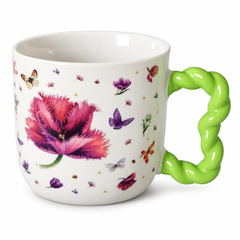 Floral Mug with Green Twisted Handle – 500ml Orange Flower & Butterfly Design Mug
