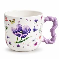 Purple Handle Mug With Purple Flower Design | Ceramic Coffee Cup