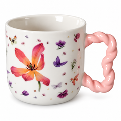 Floral Hibiscus Mug with Pink Twisted Handle – 500ml Butterfly & Flower Design Mug