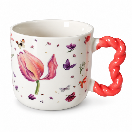 Floral Tulip Mug with Red Twisted Handle – 500ml Butterfly & Flower Design Mug