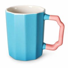Blue Octagon Mug with Pink Handle – Modern Geometric Coffee & Tea Mug