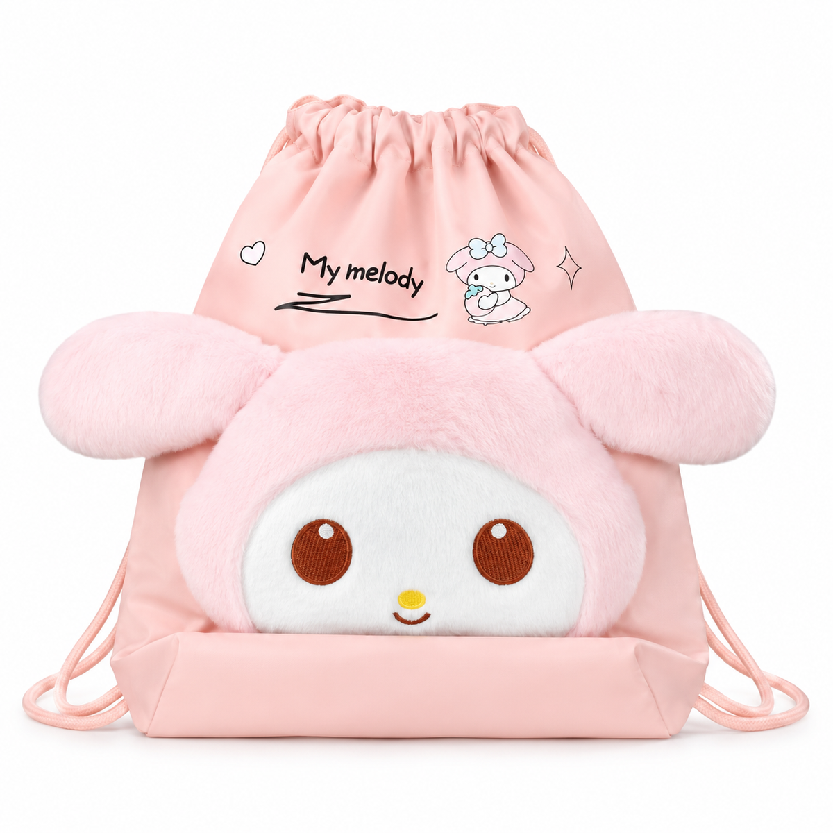 My Melody Kids Drawstring Bag with Plush Character – Pink & White