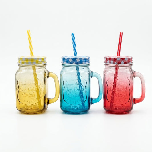 Assorted Color Mason Jar with Handle & Straw | Glass Drinking Jar